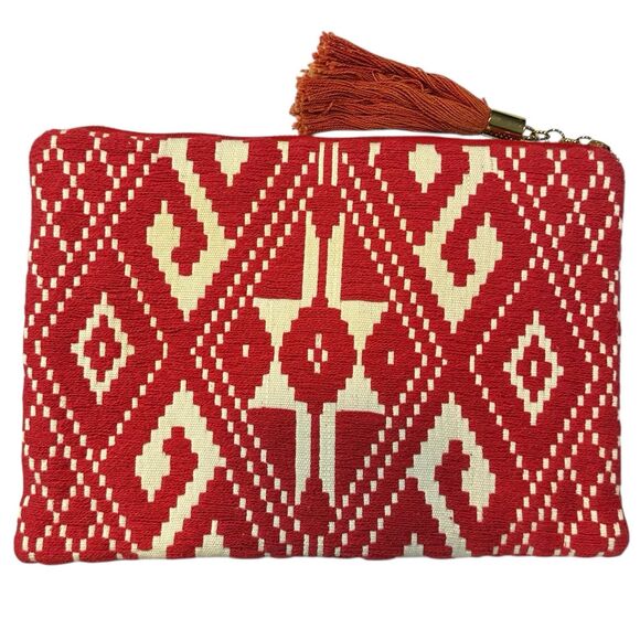 Kookai Red White Geometric Cotton Clutch Bag Boho Tribal Pattern Zip Pouch - Picture 1 of 7